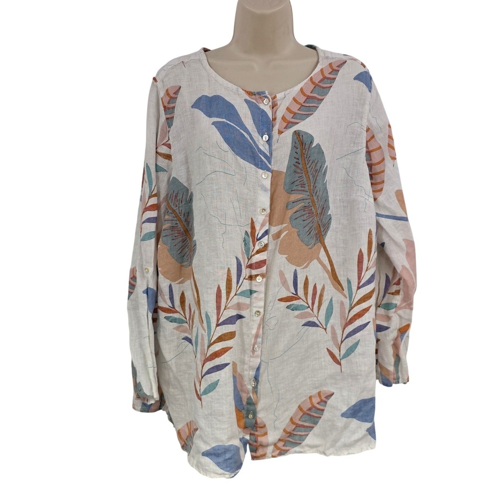 Cynthia Rowley Shirt Women 2X Multicolor Linen Tropical Leaf Tunic Top‎ Beachy